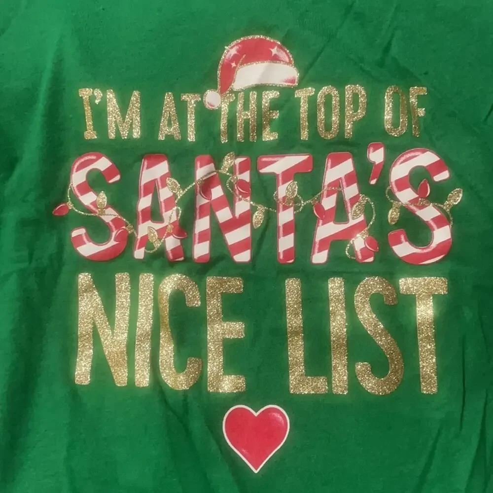 The children’s place green 5t Santa’s nice list shirt worn once